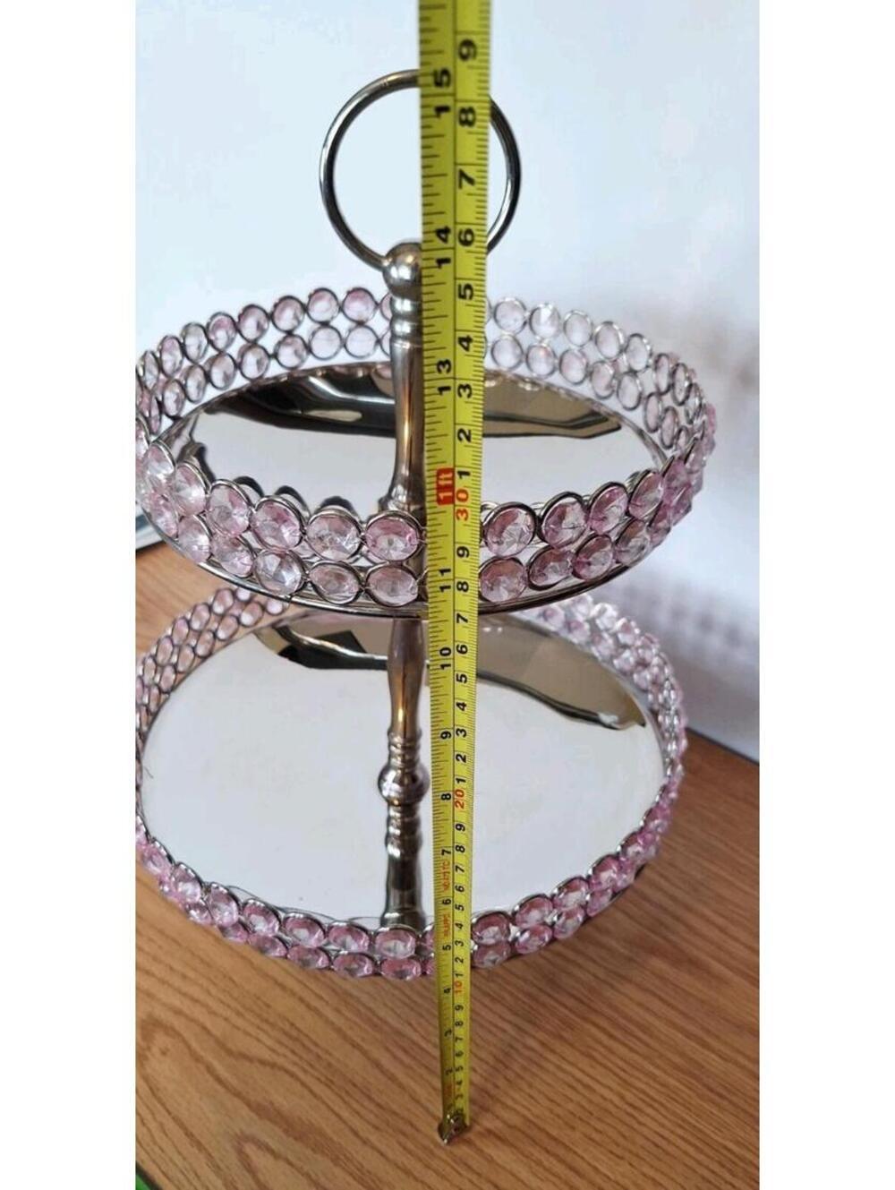 2-Tier Silver Metal Serving Stand Pink Faux Crystal Beads Dessert Jewelry Tower - Picture 15 of 16
